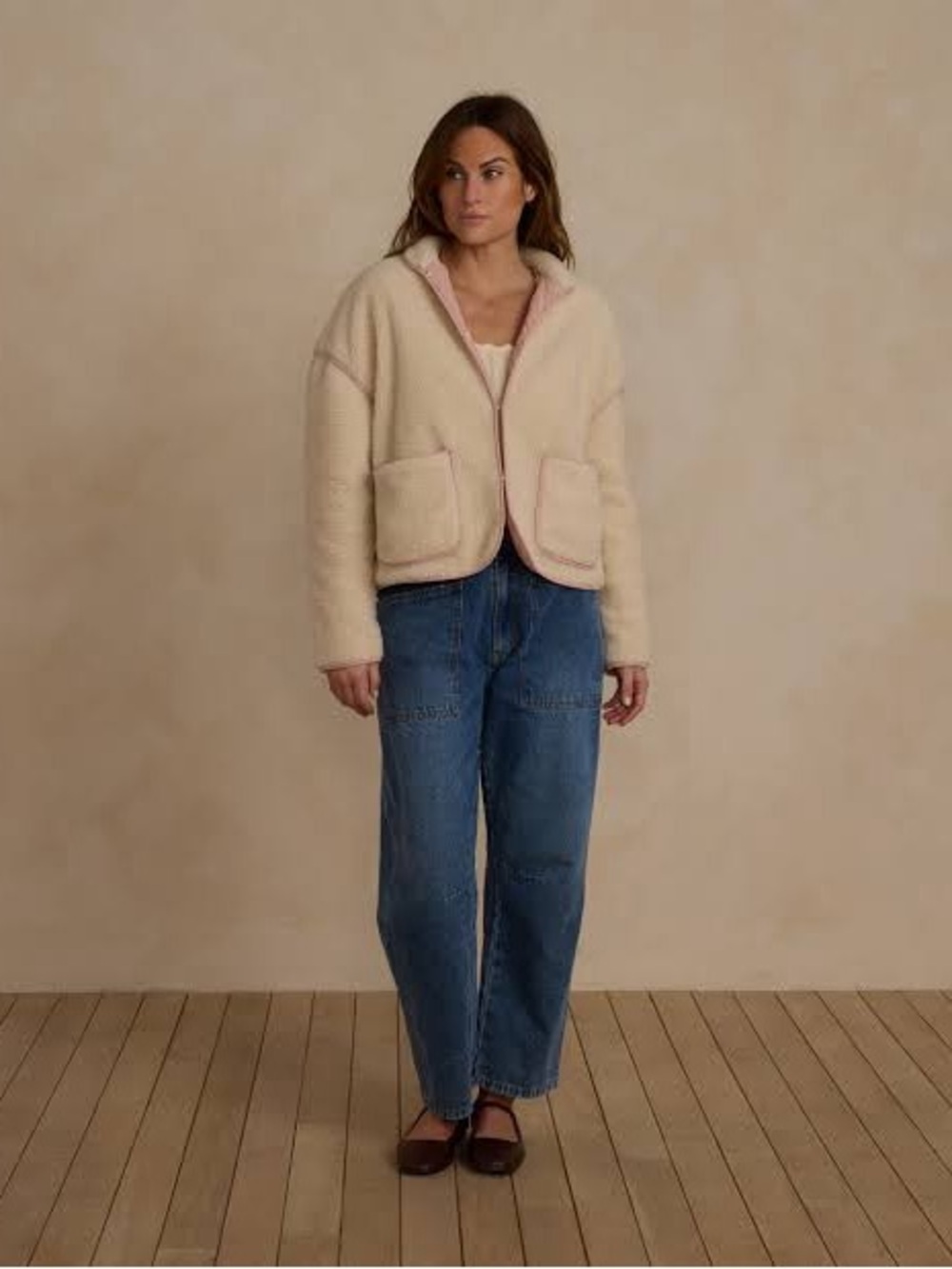 $128 Women’s Rylee + Cru Shearling Jacket | Natural/ Pink Piping Size XL